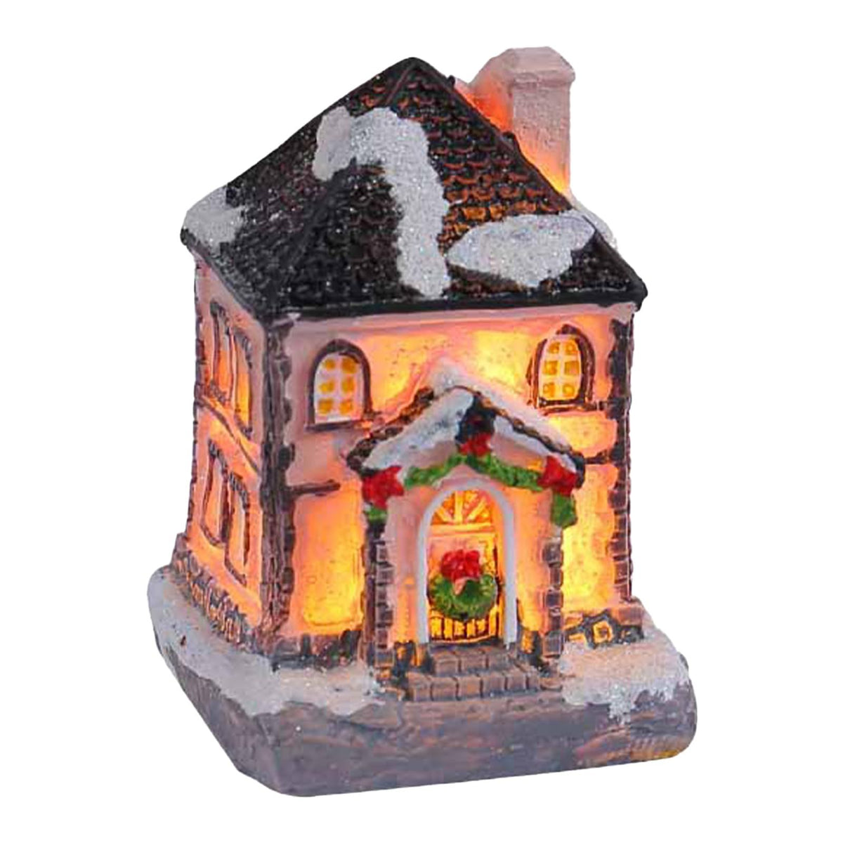 Resin Christmas Light Up House Ornament Snow Collectible Village Building with LED Light Home Decoration ，Battery Operated