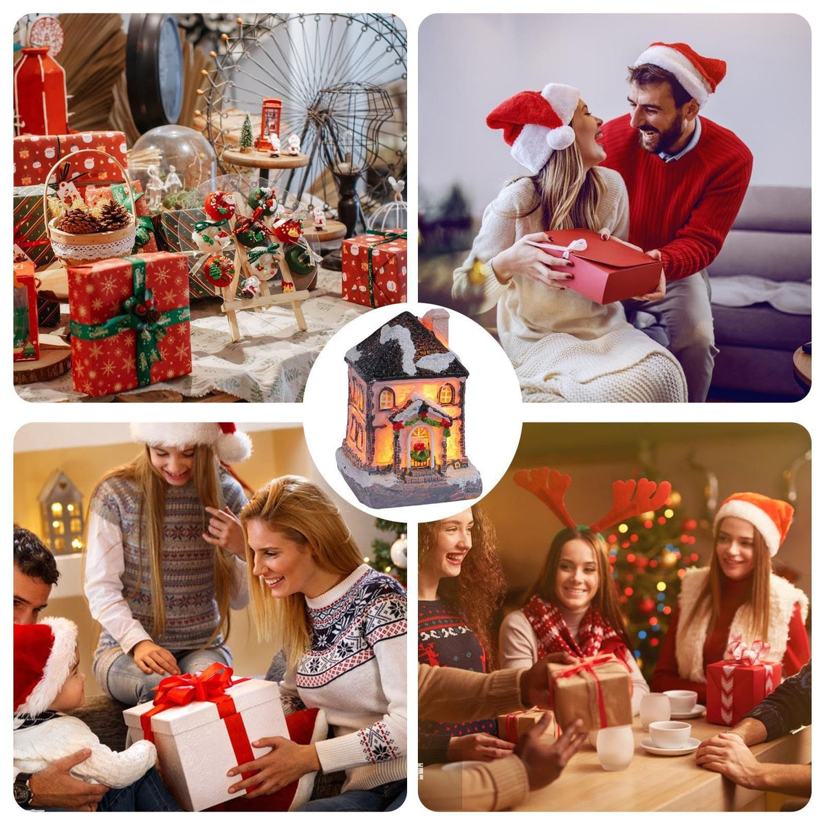 Resin Christmas Light Up House Ornament Snow Collectible Village Building with LED Light Home Decoration ，Battery Operated