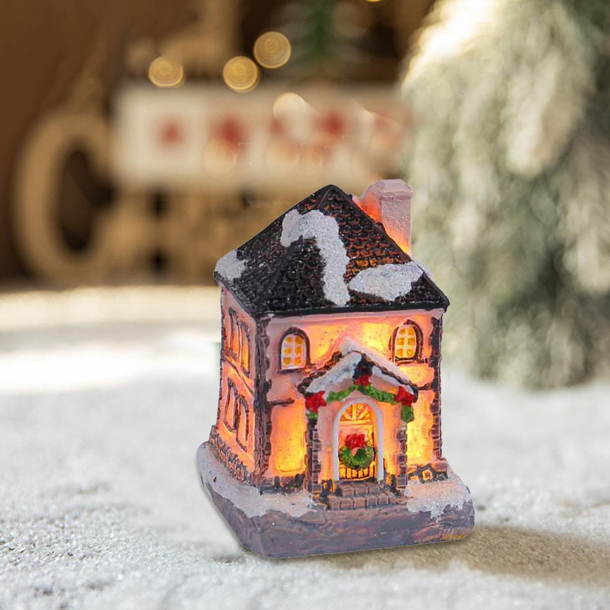 Resin Christmas Light Up House Ornament Snow Collectible Village Building with LED Light Home Decoration ，Battery Operated