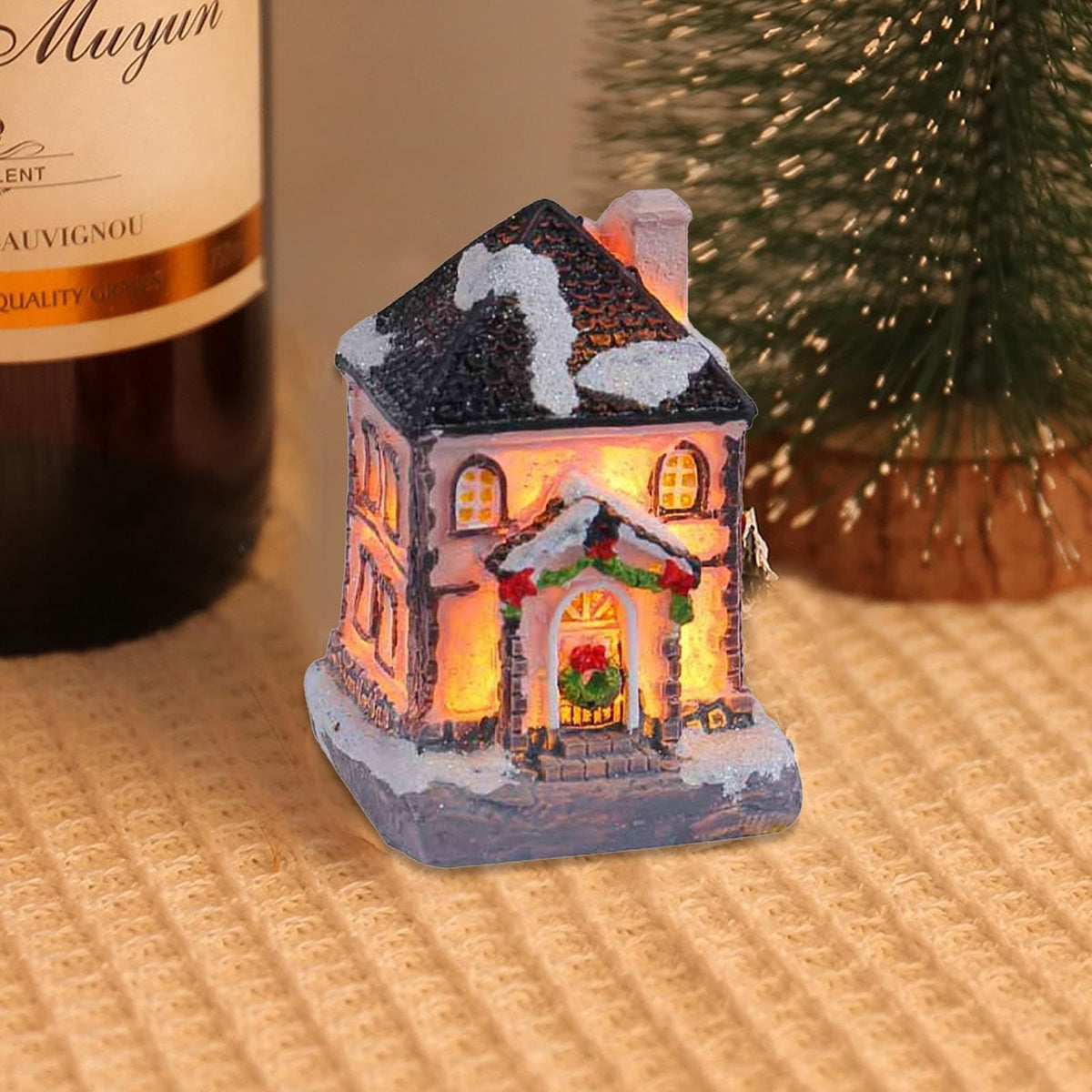 Resin Christmas Light Up House Ornament Snow Collectible Village Building with LED Light Home Decoration ，Battery Operated