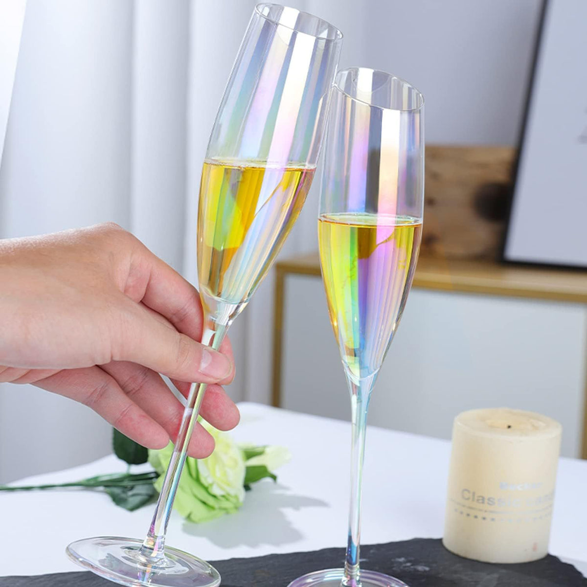 Slanted Champagne Glasses Set of 2, Lead Free Quality Hand Blown Classy Modern Champagne Flutes, Best Gift