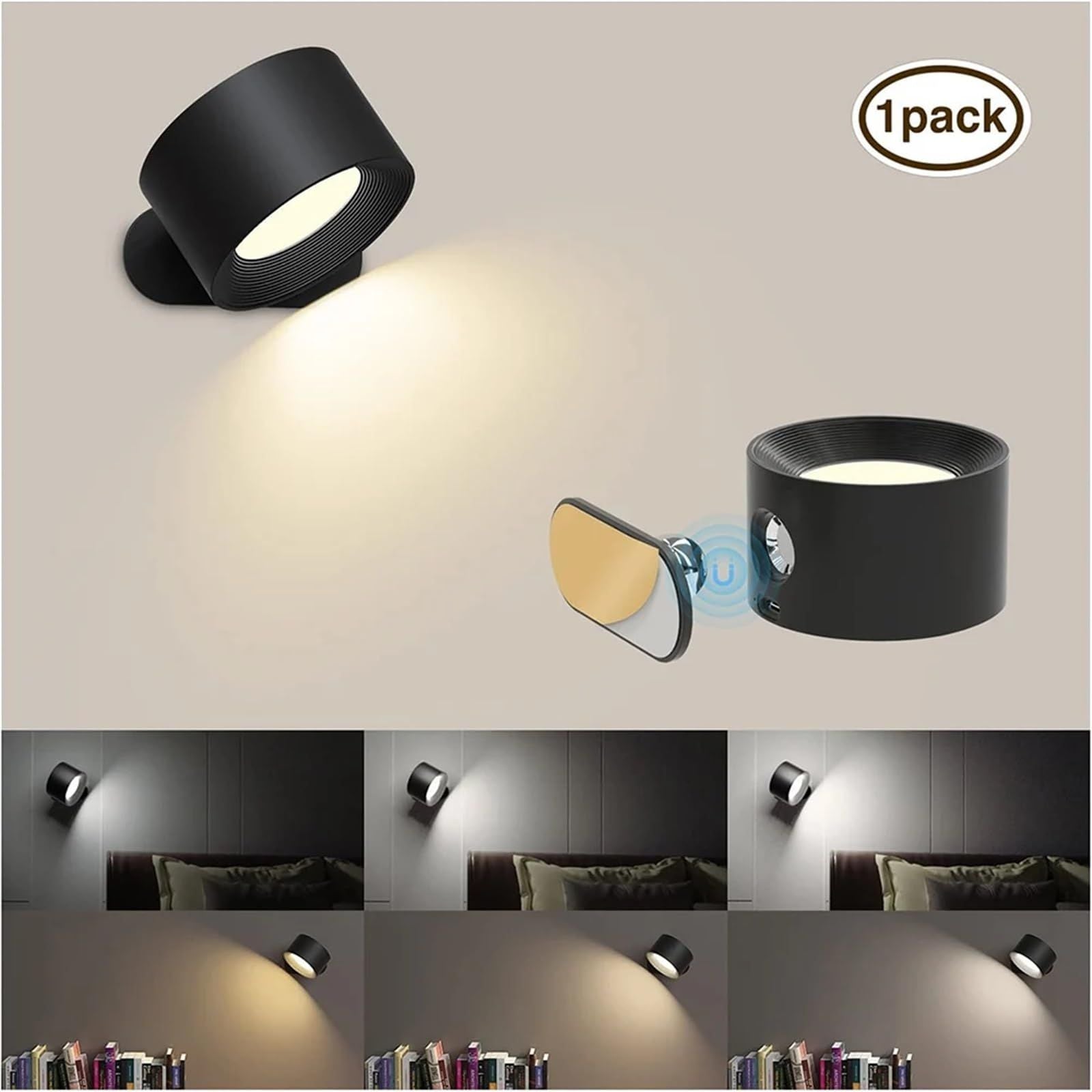 LED Wall Mounted Lights USB Rechargeable 360° Rotate Magnetic Ball Touch Control Wall Sconce for Bedroom Reading Bedside