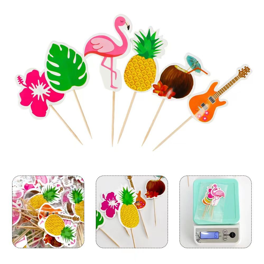 6PCS Tropical Cupcake Toppers Hawaiian Pineapple Flower Palm Tree Flamingo Guitar Cupcake Picks for Summer Beach Theme Party Favor