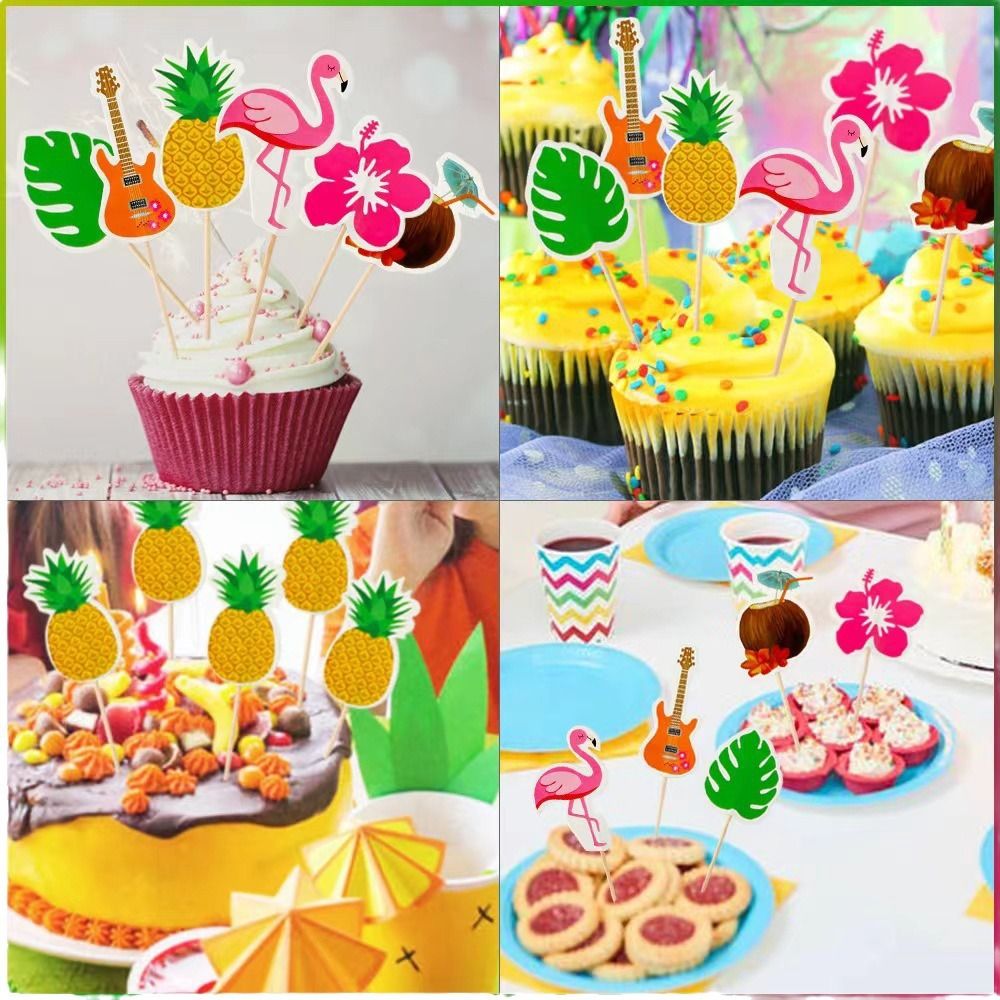 6PCS Tropical Cupcake Toppers Hawaiian Pineapple Flower Palm Tree Flamingo Guitar Cupcake Picks for Summer Beach Theme Party Favor