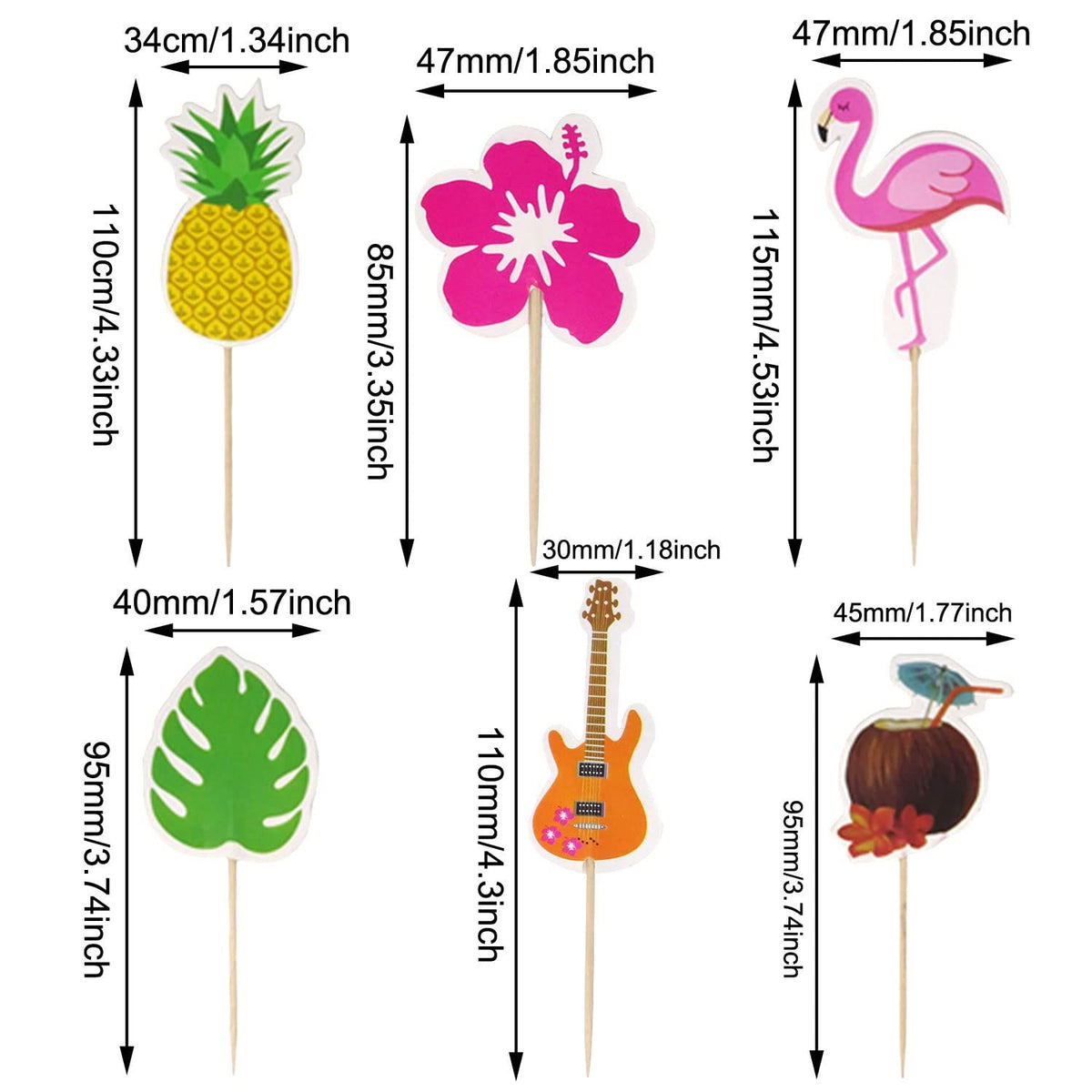 6PCS Tropical Cupcake Toppers Hawaiian Pineapple Flower Palm Tree Flamingo Guitar Cupcake Picks for Summer Beach Theme Party Favor