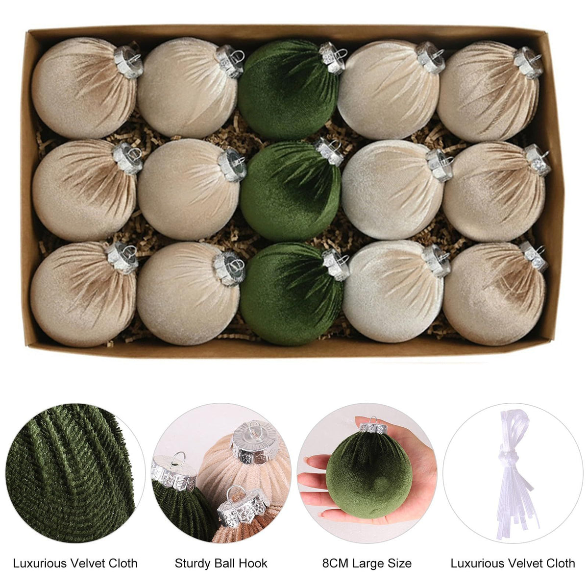 Velvet Christmas Ornaments Balls 15 Pcs 3.1 Inches / 8cm Large Christmas Baubles Shatterproof Xmas Ball for Christmas Tree