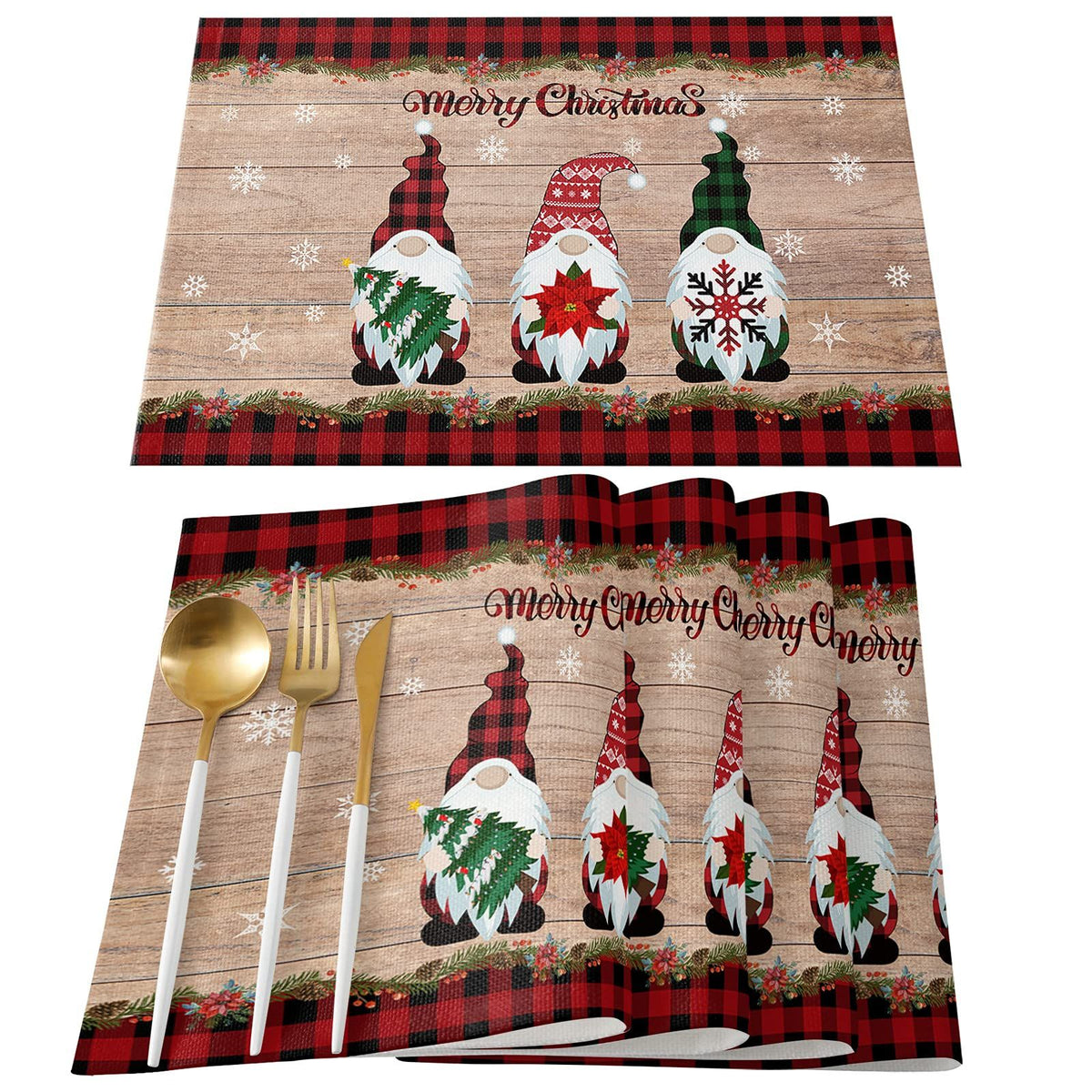 Christmas Decorations Placemats Set of 4, Farmhouse Buffalo Plaid Red Black Cotton Line Stain Resistant Table Mats Washable