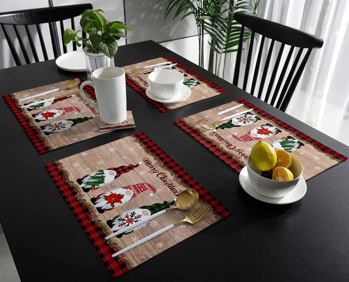 Christmas Decorations Placemats Set of 4, Farmhouse Buffalo Plaid Red Black Cotton Line Stain Resistant Table Mats Washable