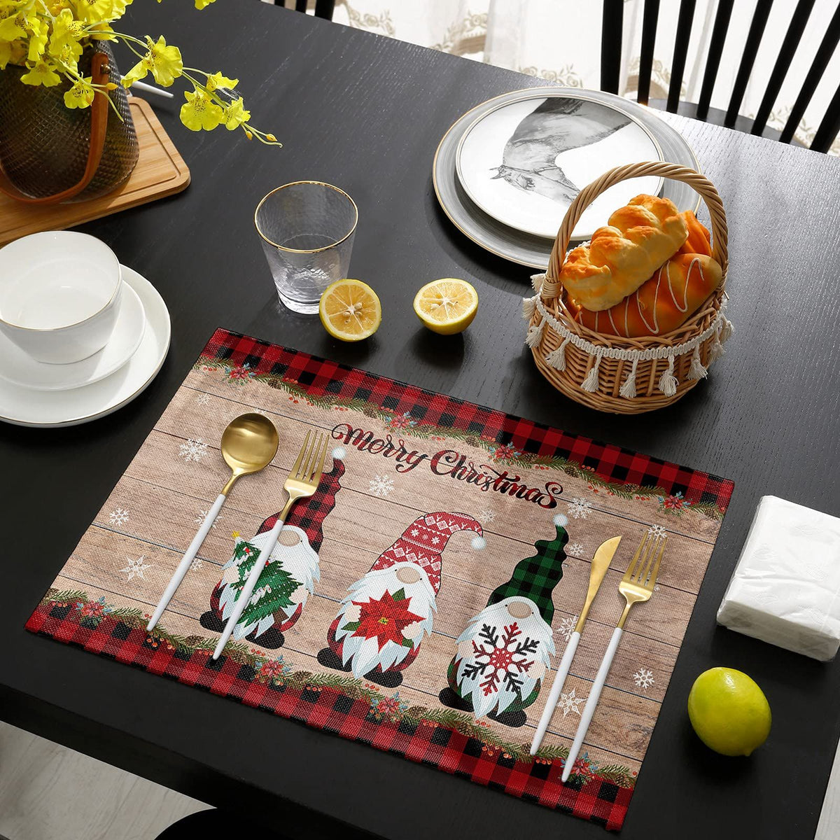 Christmas Decorations Placemats Set of 4, Farmhouse Buffalo Plaid Red Black Cotton Line Stain Resistant Table Mats Washable