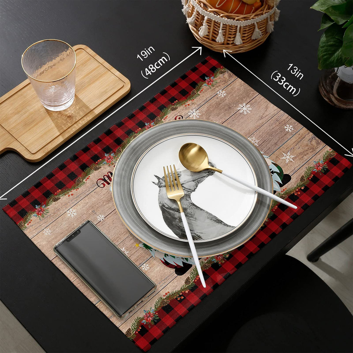 Christmas Decorations Placemats Set of 4, Farmhouse Buffalo Plaid Red Black Cotton Line Stain Resistant Table Mats Washable