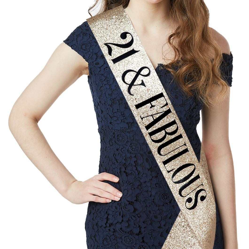 Set - 21st Birthday Gifts Birthday Sash for Women Birthday Party Favors Perfect size + Comfortable to wear (Glitter Gold/Black)