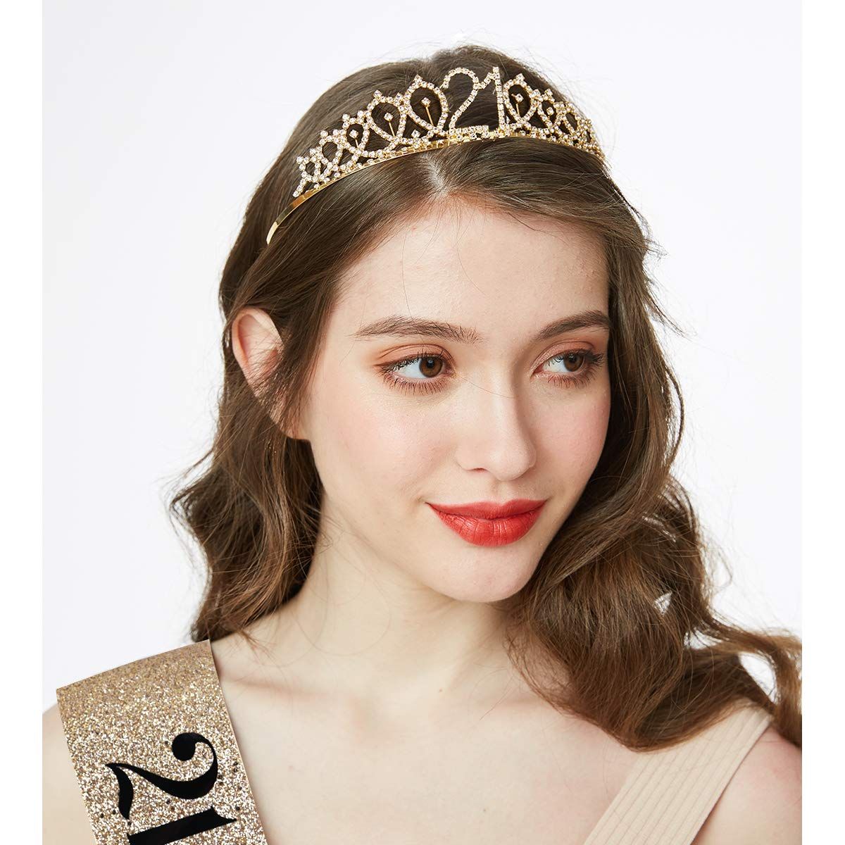 Set - 21st Birthday Gifts Birthday Sash for Women Birthday Party Favors Perfect size + Comfortable to wear (Glitter Gold/Black)