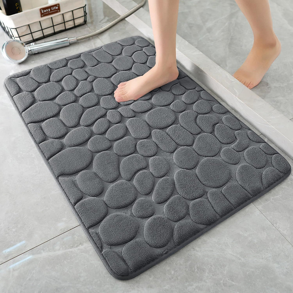 Memory Foam Bath Mat Cobblestone Bathroom Rugs Super Water Absorbent Machine Washable Bath Rugs(Dark Gray)