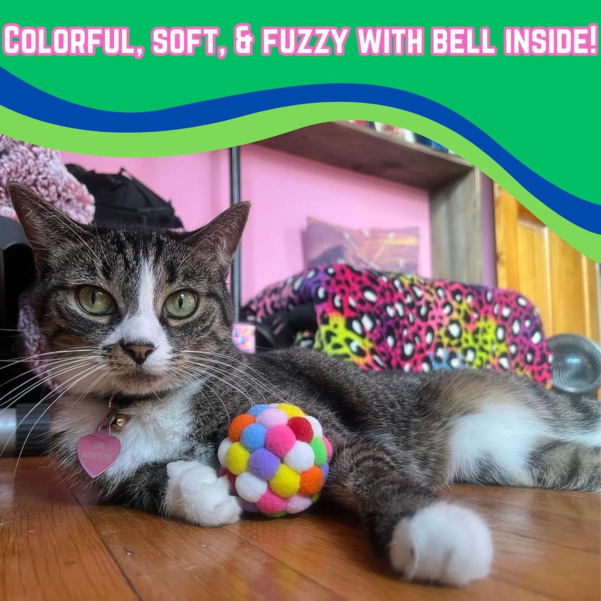 Cat Toy Plush Pom Cat Balls with Bells Inside, Colorful and Fuzzy Cat Toys for Indoor Cats and Kittens (Mix)