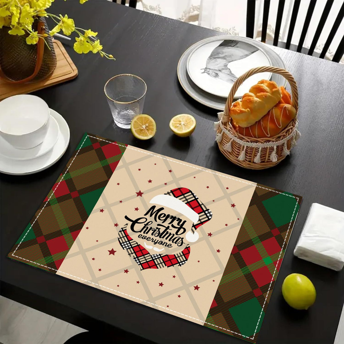 Merry Christmas Placemats 2-Pack Holiday Dining Table Place Mats Assorted Design Patterns Santa Claus Snowman Christmas Tree