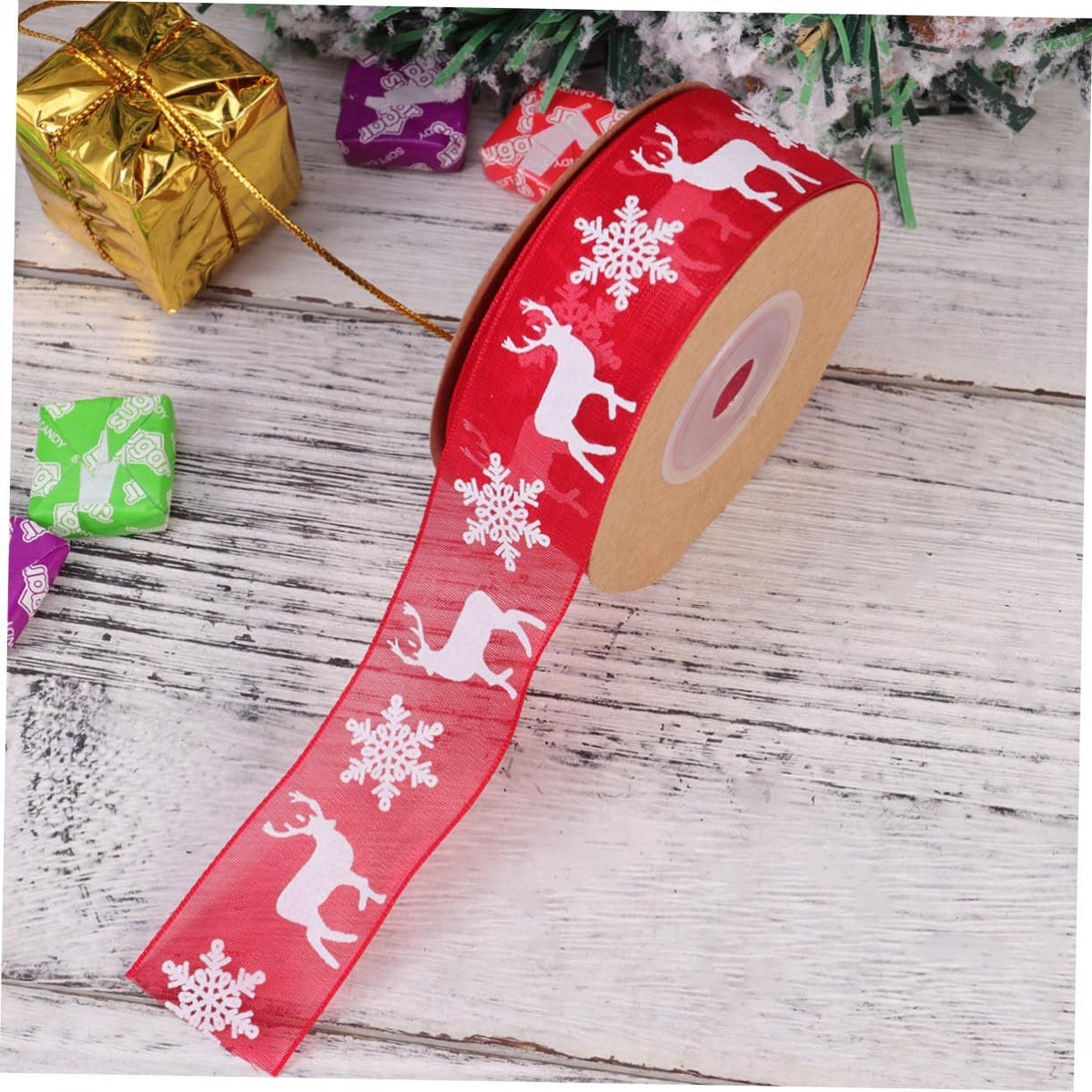 Wired Christmas Ribbon Christmas Elk Ribbon Red Christmas Organza Ribbon Xmas Ribbon Gold Glitter Deer Ribbon