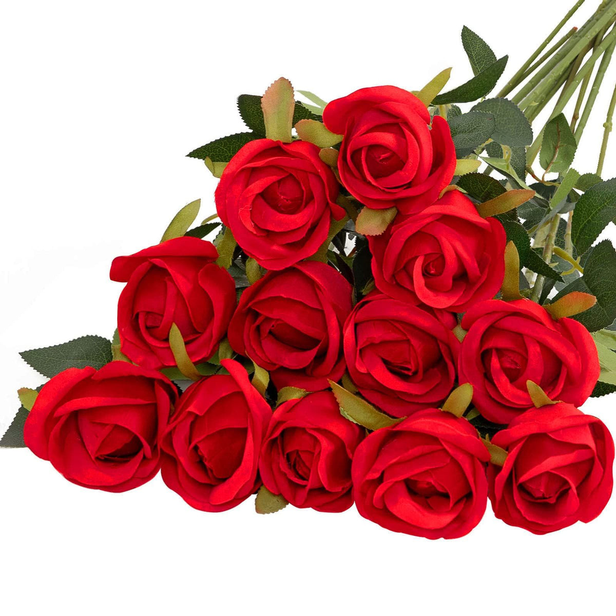 12pcs Artificial Silk Flowers Realistic Roses Bouquet Long Stem for Home Wedding Decoration Party (Rose Buds Red)