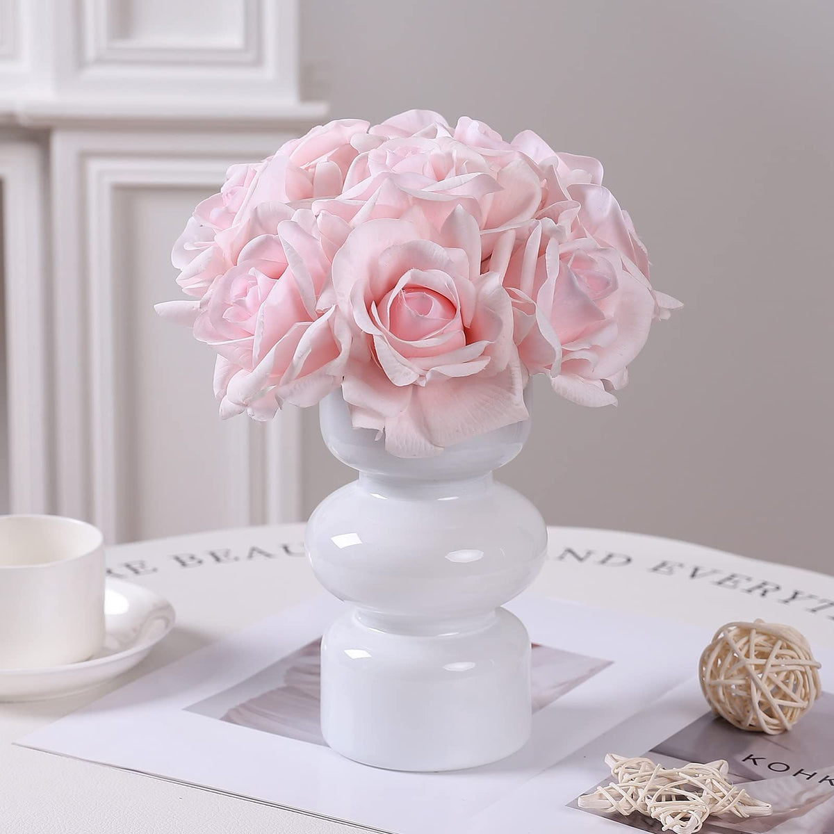 Artificial Rose Real Touch Silk Floral Arrangements  5 Head Bouqet Flower Wedding Decor Festival Roses Centerpiece (Light Pink)