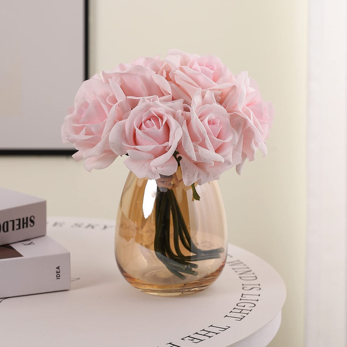 Artificial Rose Real Touch Silk Floral Arrangements  5 Head Bouqet Flower Wedding Decor Festival Roses Centerpiece (Light Pink)
