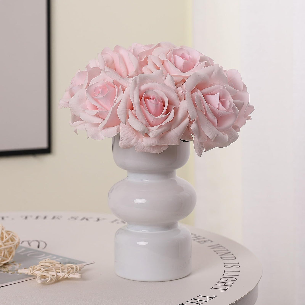 Artificial Rose Real Touch Silk Floral Arrangements  5 Head Bouqet Flower Wedding Decor Festival Roses Centerpiece (Light Pink)