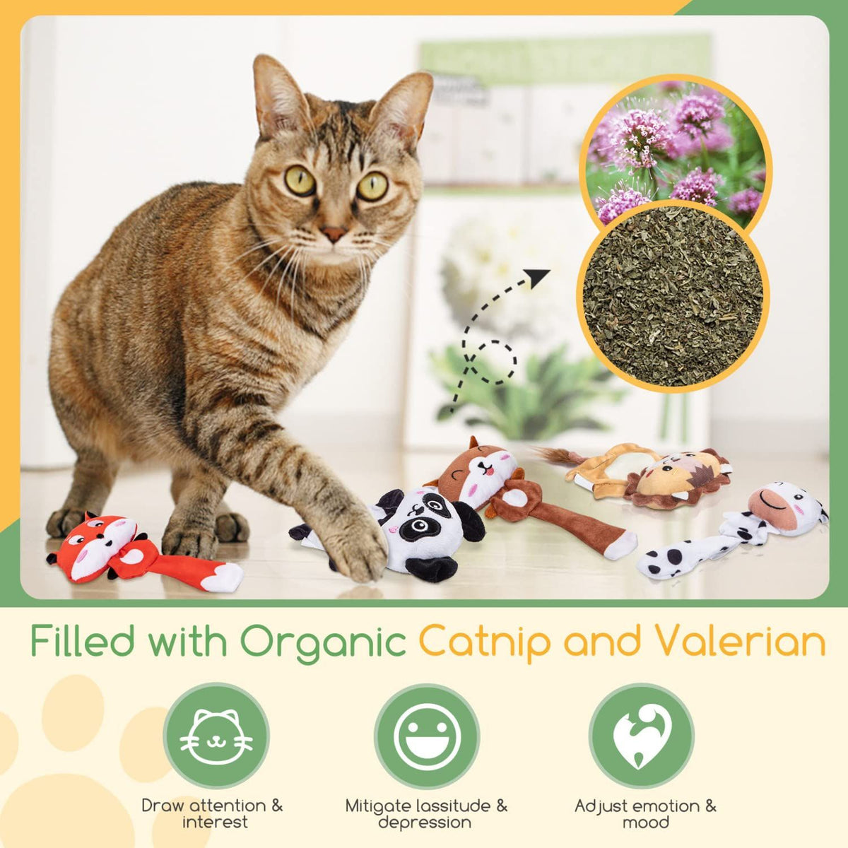 Cute Kitten  Chew Toys, Plush Bite Resistant Cat Toys with Crinkle Paper and Organic Catnip, Animal Shapes Kitty Toy for  Cats