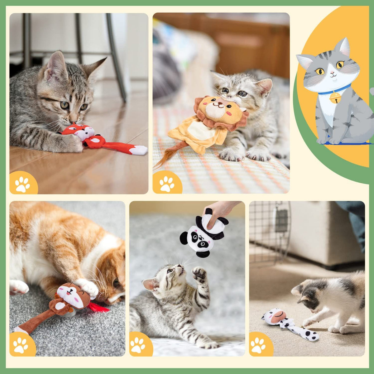 Cute Kitten  Chew Toys, Plush Bite Resistant Cat Toys with Crinkle Paper and Organic Catnip, Animal Shapes Kitty Toy for  Cats