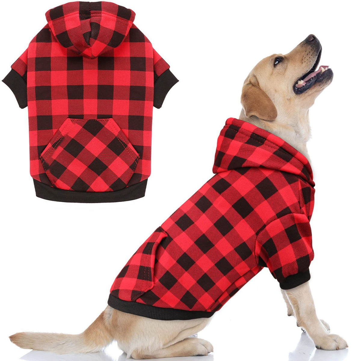 Red Buffalo Plaid Dog Clothes Warm and Soft Breathable Cozy Small Dog Hoodies Dog Sweaters for Small Dogs with Pocket