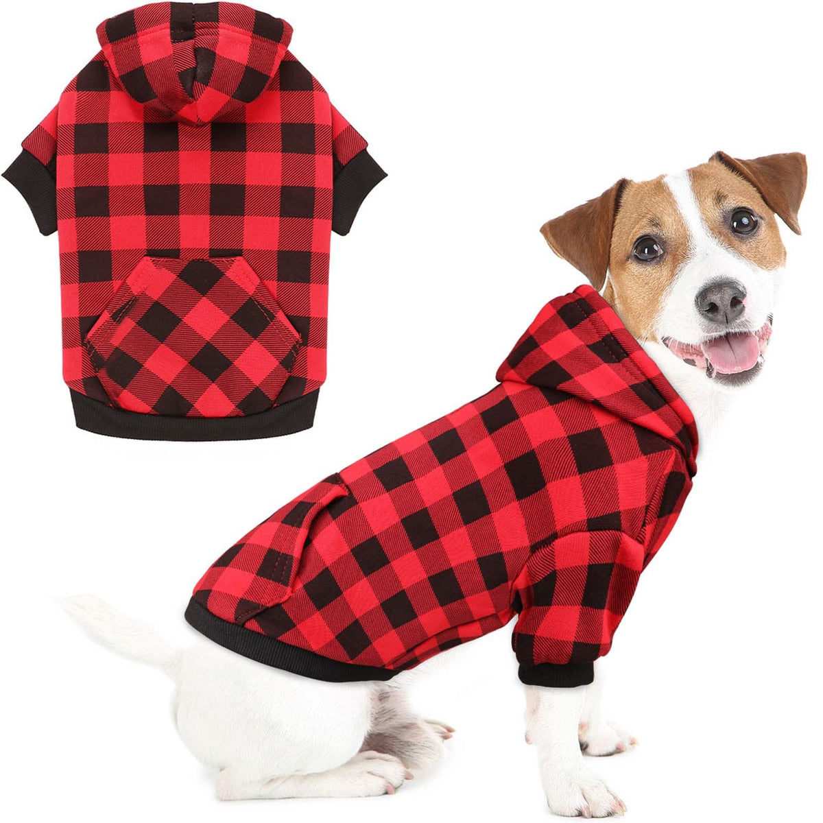 Red Buffalo Plaid Dog Clothes Warm and Soft Breathable Cozy Small Dog Hoodies Dog Sweaters for Small Dogs with Pocket
