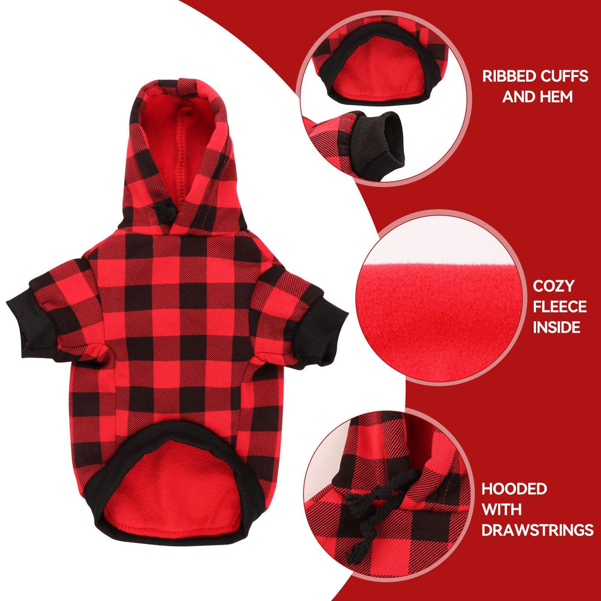 Red Buffalo Plaid Dog Clothes Warm and Soft Breathable Cozy Small Dog Hoodies Dog Sweaters for Small Dogs with Pocket