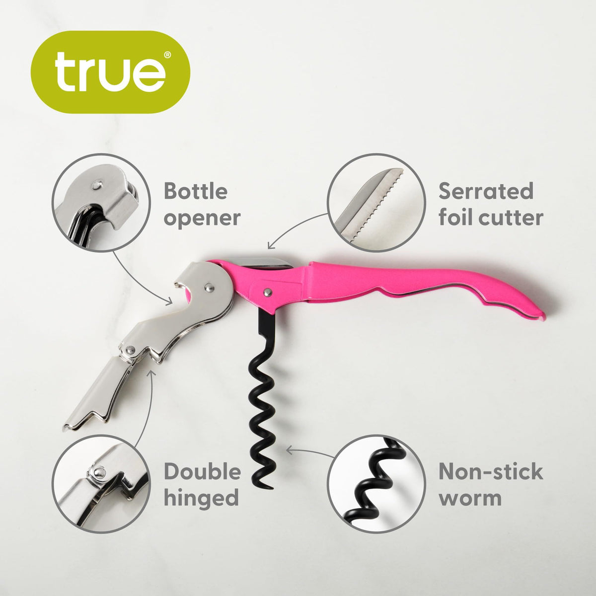 Pink Double Hinged Waiter’s Corkscrew, Stainless Steel Wine Key with Foil Cutter Small， Steel Double Lever Waiter's Corkscrew
