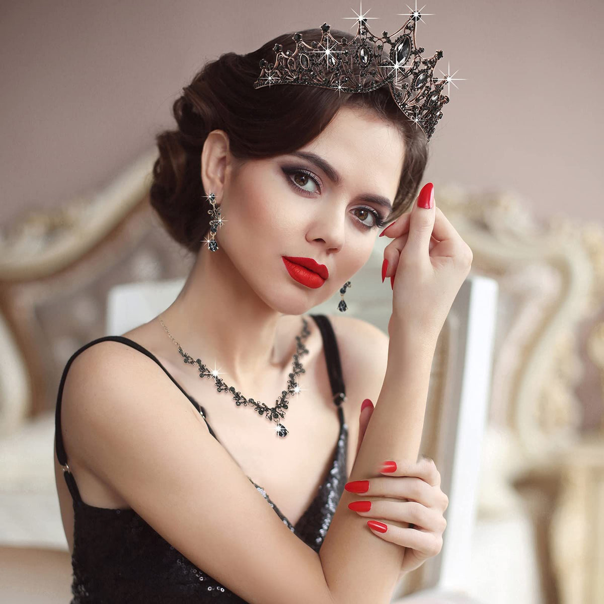 Baroque Black Queen Crowns for Women, Rhinestone Wedding Crowns and Tiaras Crystal Princess Crown for Prom Birthday Valentines