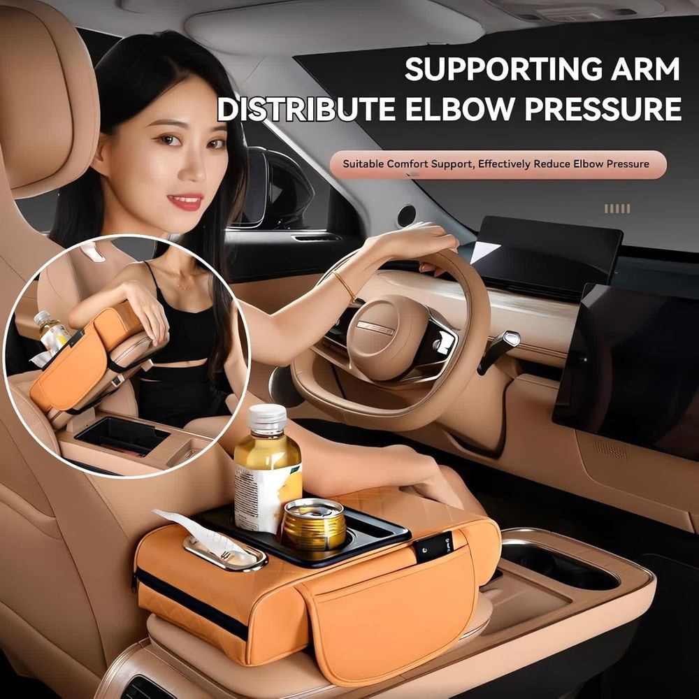 Central Console Organizer, Multifunctional PU Leather Car Armrest Box Mat with 5-in-1 Design, Center Console Cover with 2 Cup Holders for Storing Tissues and Drinks for Most Cars
