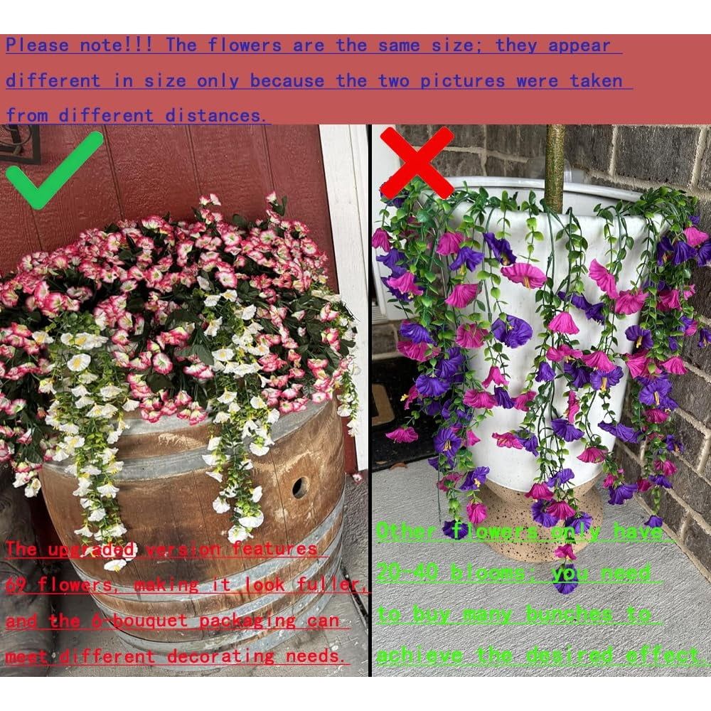 6PCS Artificial Morning Glory Vine, UV-Resistant Lifelike Hanging Fake Flower, Realistic Faux Morning Glory Garland for Porch Garden Home Decor