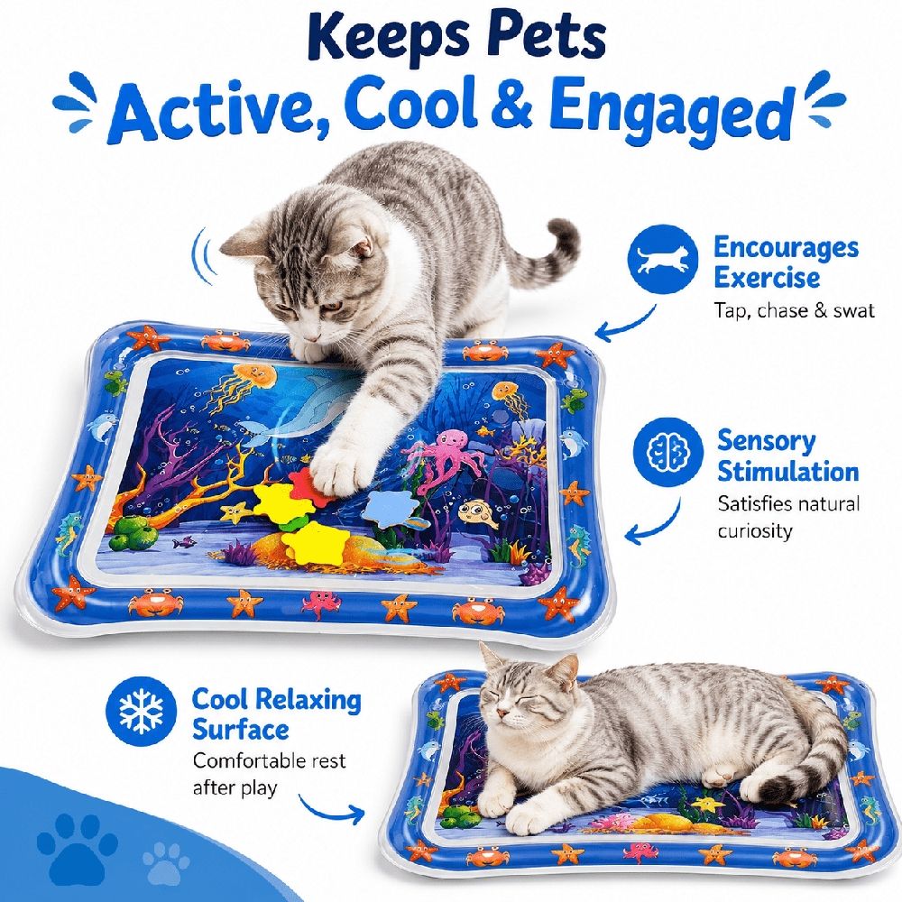 Cat Toys for Indoor Cats, Thickened Cat Water Mat & Leak-Proof Foldable Sensory Play Mat with Floating Fish for Exercise, Hunting and Swatting Play