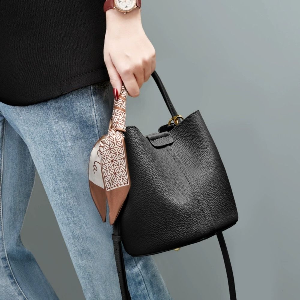 top layer cowhide bag, women's bag, crossbody bag, high-end leather handbag, water bucket