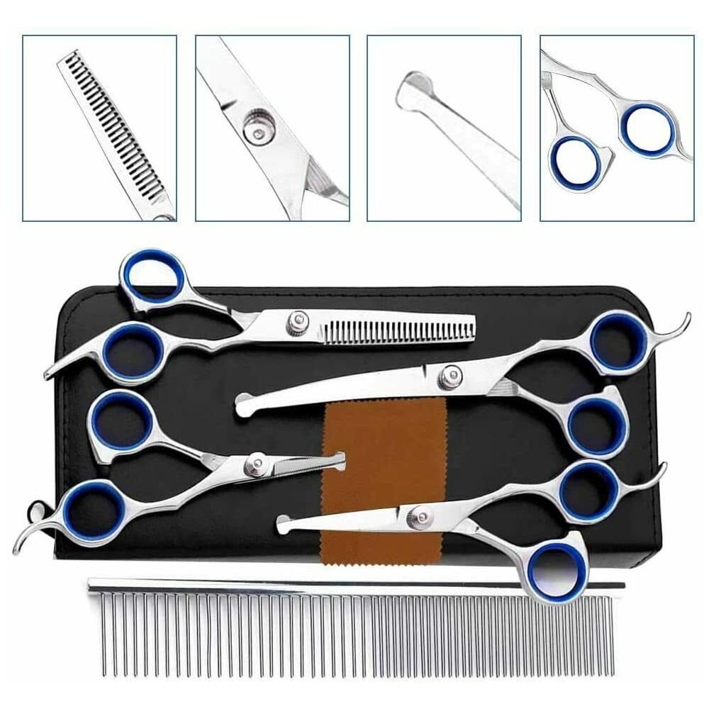 Professional Pet Dog Grooming Scissors Straight Curved Thinning Shear Tool Kit - Blue