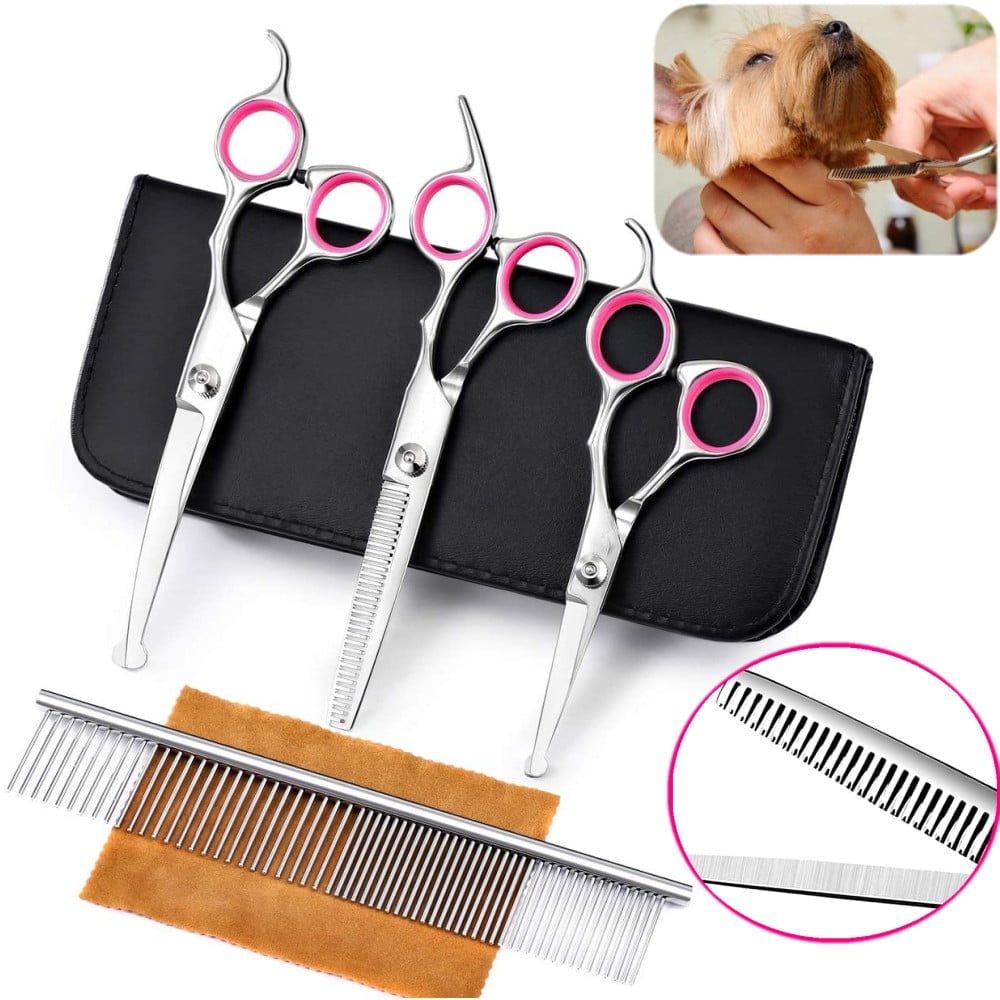 4Pcs 7" Professional Hair Cutting Scissors Pet Dog Cat Grooming Curved Thinning Shears & Straight Trimmer Shears Kit