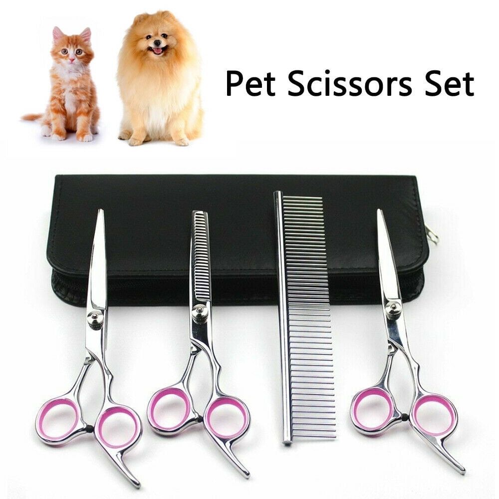 4Pcs 7" Professional Hair Cutting Scissors Pet Dog Cat Grooming Curved Thinning Shears & Straight Trimmer Shears Kit