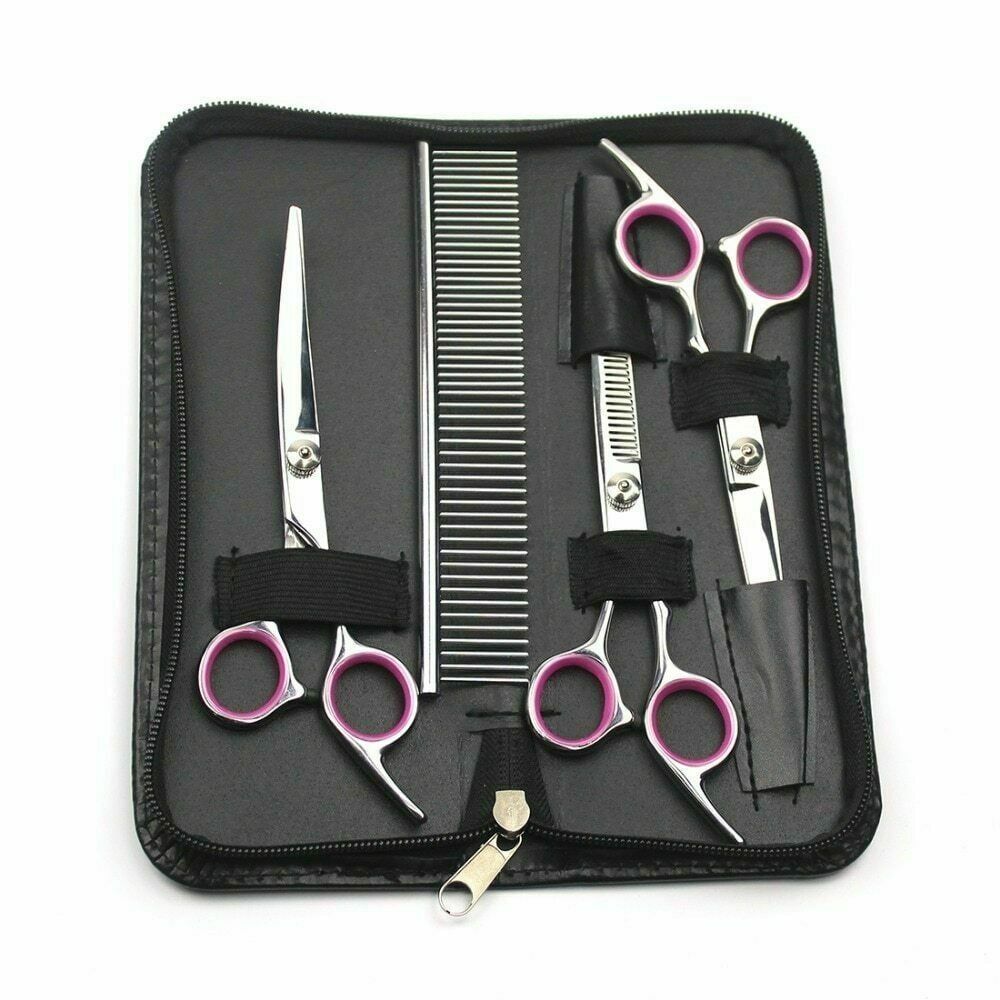 4Pcs 7" Professional Hair Cutting Scissors Pet Dog Cat Grooming Curved Thinning Shears & Straight Trimmer Shears Kit