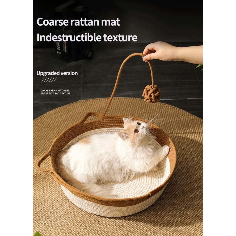 Cat Basket,  Woven Cats Bed, Cotton Rope Weaving Pet Nest, Handwoven Breathable Durable Natural Rattan Cats Sleeping House with Toy Tail for Small & Large Cat & Dog