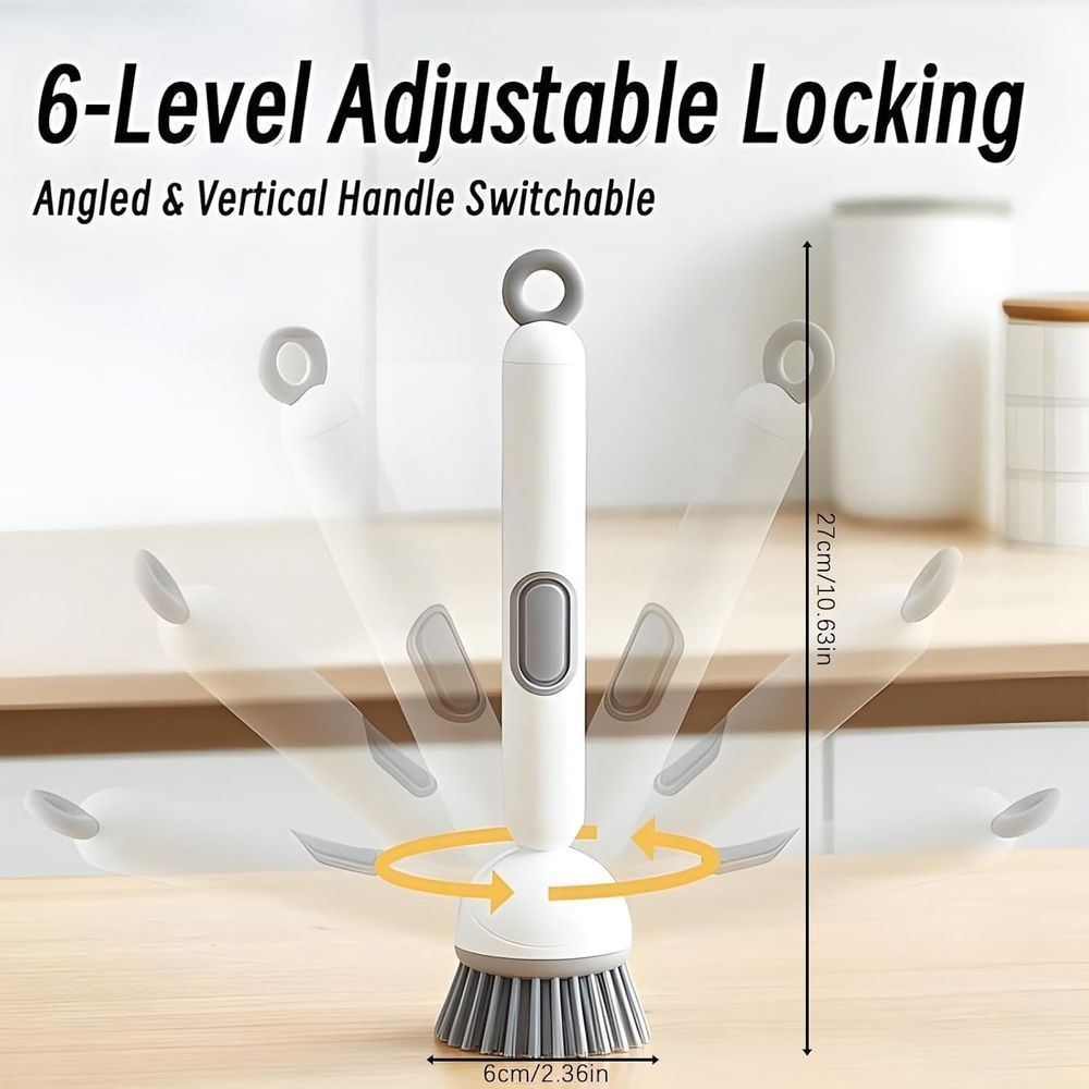 Adjustable Cleaning Brush with Liquid Dispenser, 6-Level Adjustable Handle & Refillable PET Scrub Head, Smooth Soap Dispensing, Scratch-Free for Kitchen