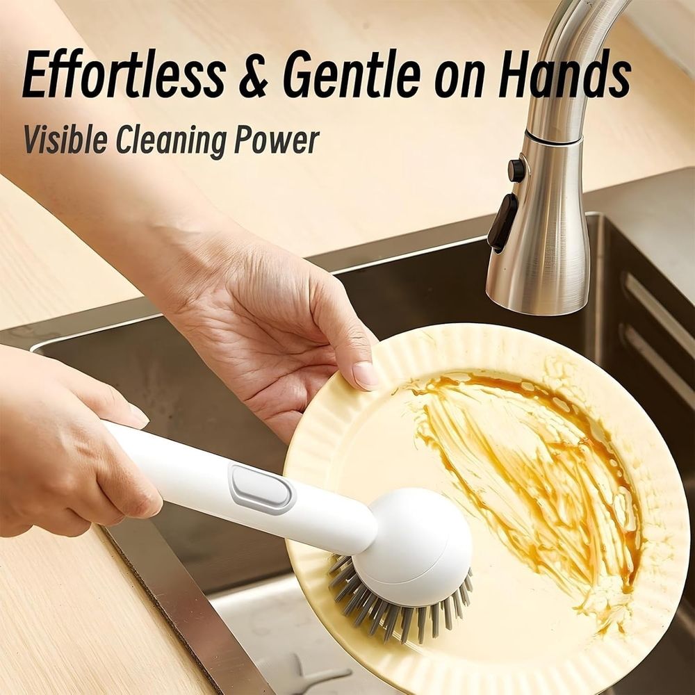Adjustable Cleaning Brush with Liquid Dispenser, 6-Level Adjustable Handle & Refillable PET Scrub Head, Smooth Soap Dispensing, Scratch-Free for Kitchen