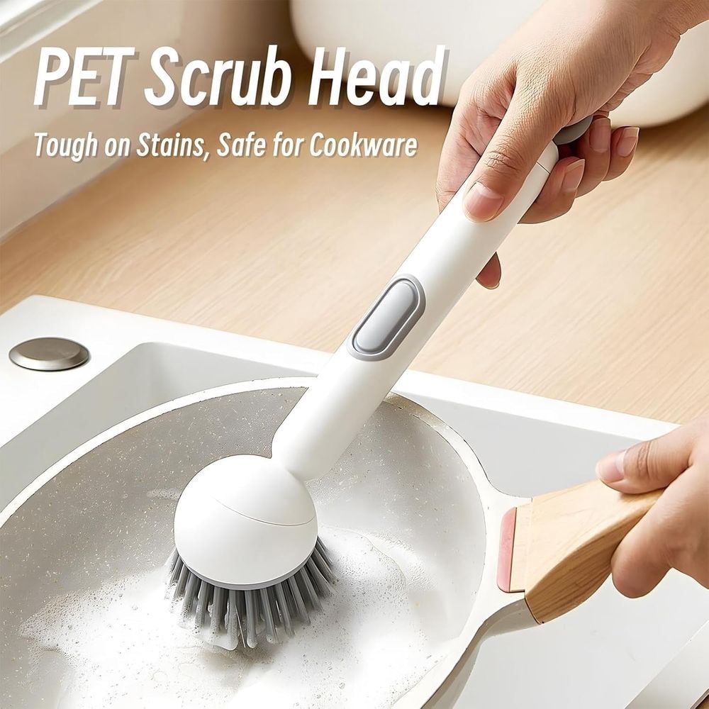 Adjustable Cleaning Brush with Liquid Dispenser, 6-Level Adjustable Handle & Refillable PET Scrub Head, Smooth Soap Dispensing, Scratch-Free for Kitchen