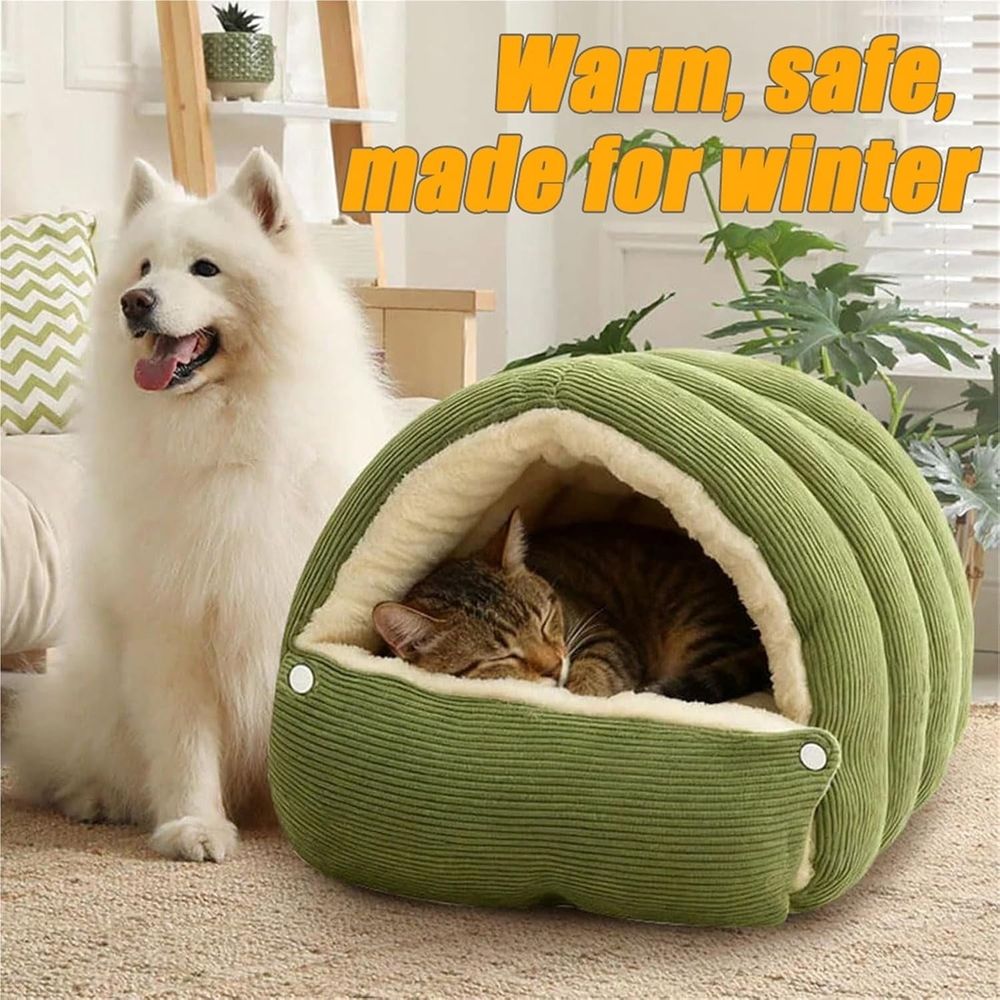 CutyPet Winter Cave, Removable Washable Plush Cat Bed with Anti-Slip Bottom, Semi-Enclosed Warm Pet Cave for Cats and Small Dogs, Cozy Hideaway House with Soft Cushion