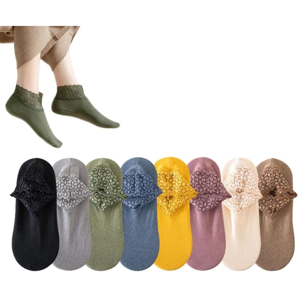 8PCS Fashion Lace Warmer Socks,  Autumn and Winter Plush Socks for Women, Breathable Warm Socks with Lace Trim and Anti-Slip Sole for Indoor Home Comfort