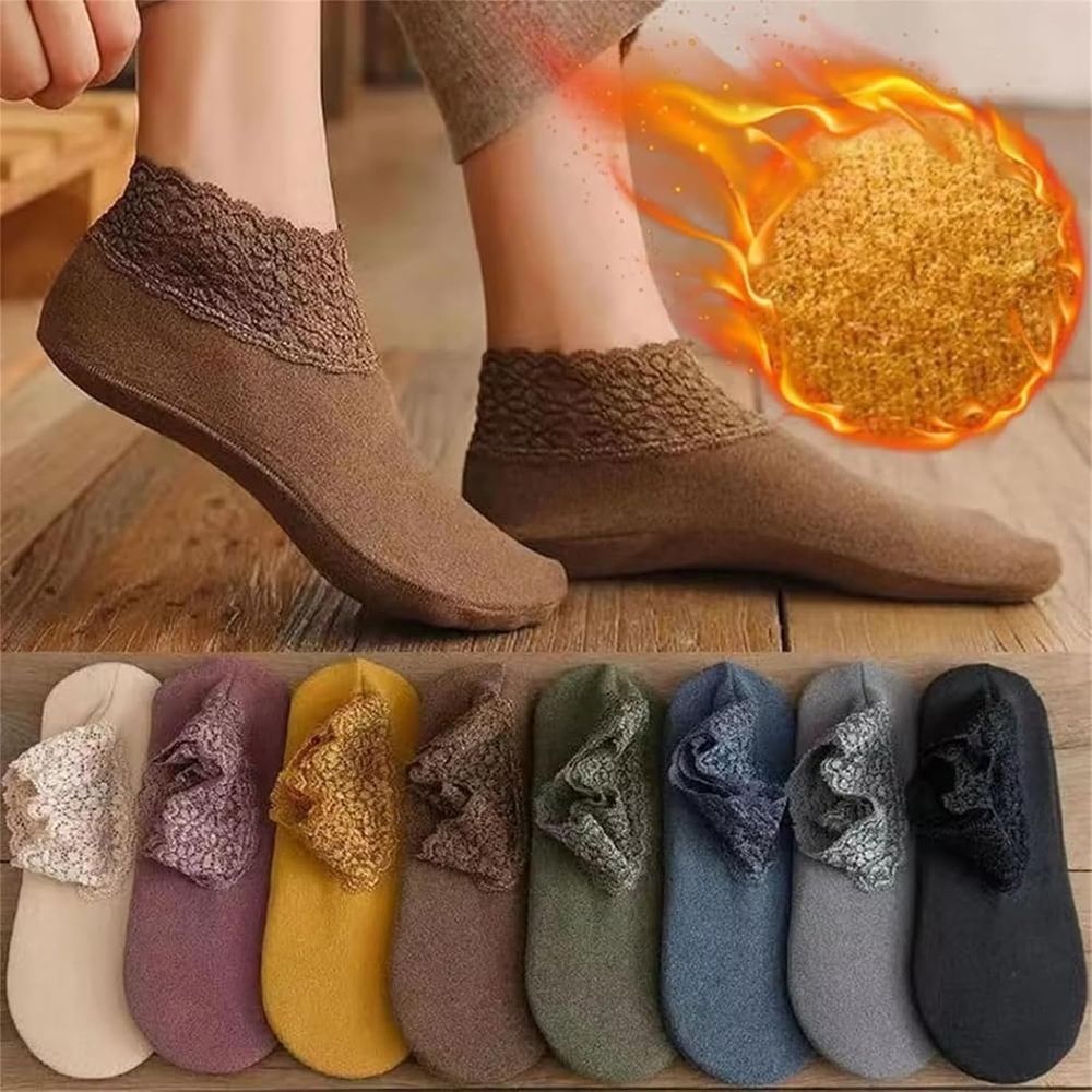8PCS Fashion Lace Warmer Socks,  Autumn and Winter Plush Socks for Women, Breathable Warm Socks with Lace Trim and Anti-Slip Sole for Indoor Home Comfort
