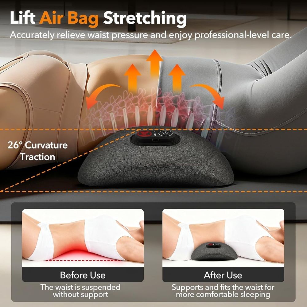 3 in 1 Back Massager, Electric Lumbar Support Pillow with Heat, Vibration and Traction, Back Support Pillow for Lower Back Pain Relief and Spine Support