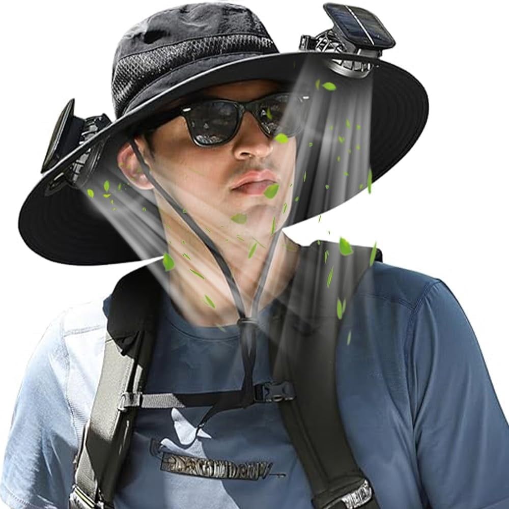 Solar Fan Hat, Wide Brim Outdoor Fishing Hat, 2 Fans with UPF 50+ Sun Protection, 3-Speed Adjustable Rechargeable for Men Women Camping Travel Outdoor