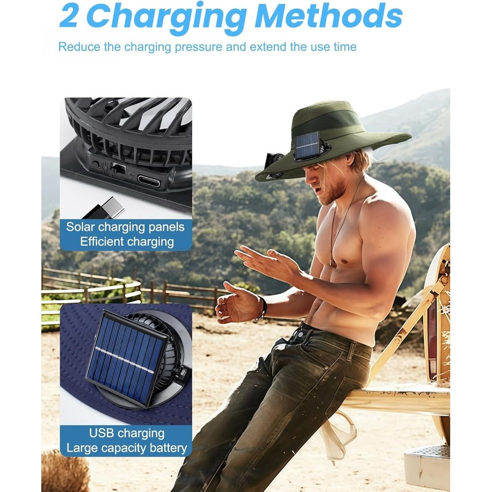 Solar Fan Hat, Wide Brim Outdoor Fishing Hat, 2 Fans with UPF 50+ Sun Protection, 3-Speed Adjustable Rechargeable for Men Women Camping Travel Outdoor
