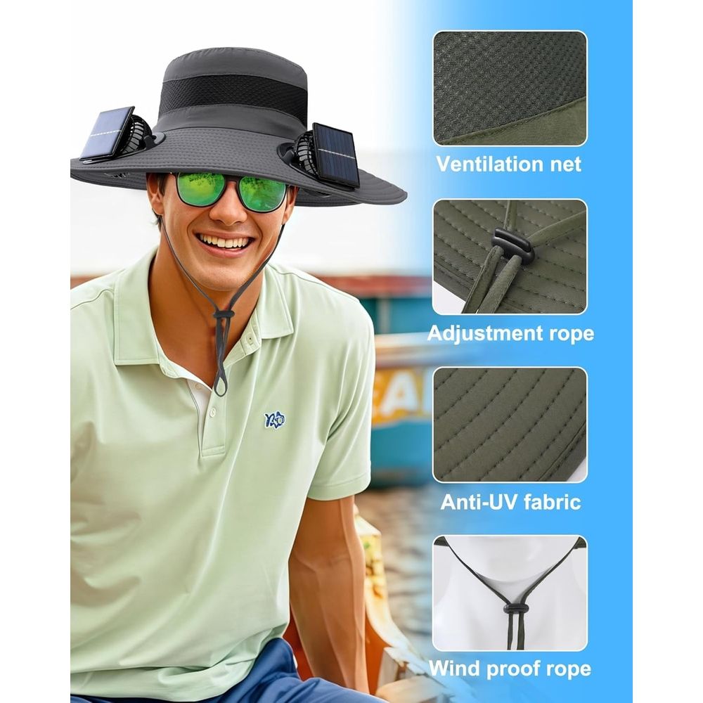 Solar Fan Hat, Wide Brim Outdoor Fishing Hat, 2 Fans with UPF 50+ Sun Protection, 3-Speed Adjustable Rechargeable for Men Women Camping Travel Outdoor